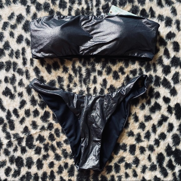 NWT Boutique gunmetal shimmer bandeau bikini - Picture 1 of 9